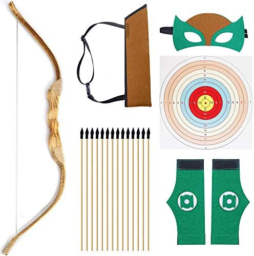 Knidose Beginners Bow and Arrow for Kids - 35 PC Archery Set Outdoor ou Indoor | Arco de madeira de 32 ”, 15 ponta de borracha de segurança 18” setas, 15 folhas -alvo, 1 aljava, 2 pulseira, 1 máscara para brinquedos de fantasia de cosplay