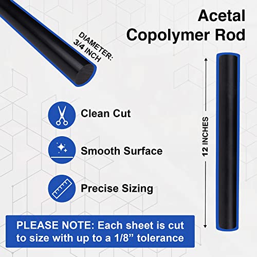 Haste de copolímero acetal preto duco de 3/4 de polegada, 12 polegadas de comprimento - hastes de acetas longas de desgaste resistentes a desgaste rígidas - barras de plástico pretas de barras de plástico