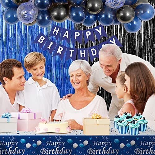 Decorações de aniversário azul e preto para homens mulheres meninos meninas, decorações de festas de feliz aniversário com banner de feliz aniversário, toalhas de mesa e cortinas marginais, suprimentos de festa para decoração de festa no aniversário