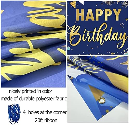 Decorações de feliz aniversário Banner de pano de fundo, decoração de festa de aniversário azul e dourada Fotografia de