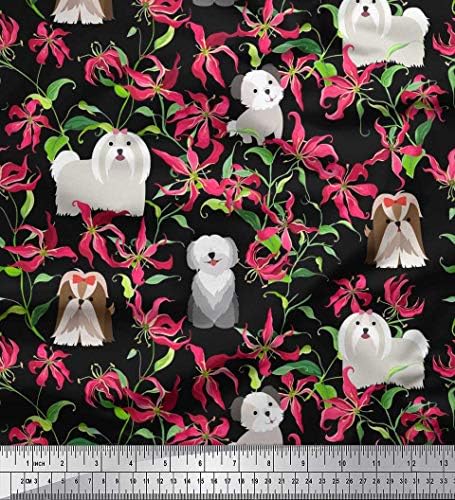 Tecido Soimoi Cotton Jersey Floral, Sheepdog e Yorkshire Terrier Print Fabric by Yard 58 polegadas de largura