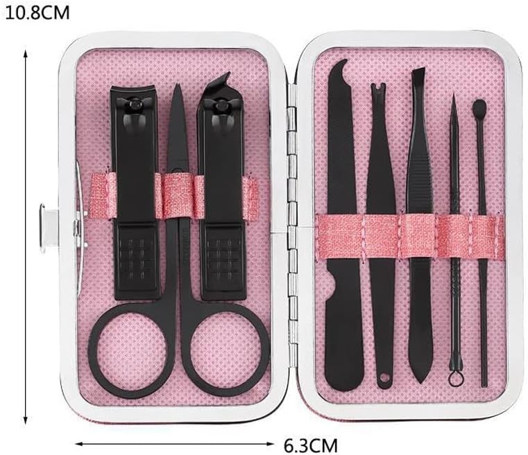 Mjwdp 8 pcs kit de clipper unhas preto rosa aço inoxidável de alta dureza curva borda unhas tesoura de tesoura de manicure