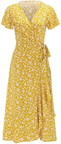 Vestido Midi de manga curta para mulheres convidado de casamento de verão Floral Vestidos longos Dividir vestidos amarelos