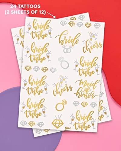 XO, Fetti Bachelorette Party Tattoos - Tribo da noiva, dama de honra - 24 estilos metálicos - Chuveiro de noiva e decorações