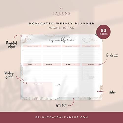 Padrata semanal de geladeira/mesa semanal não datada com a lista de calendários, gols semanais e seção de notas, coleção La Lune por