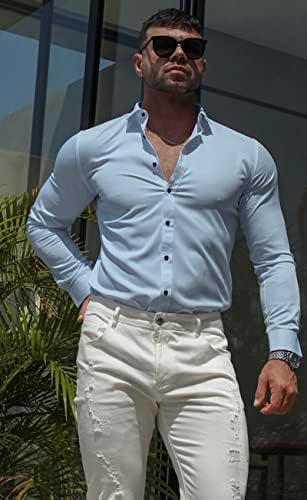 Camisas de vestido muscular masculinas de Rpovig: Button casual para baixo de manga comprida a atletismo de uma camisa sem rugas