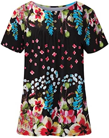 Túdos de túnica de estampa floral para mulheres solteiras de fita barriga camisetas de gordura de verão Button de manga curta