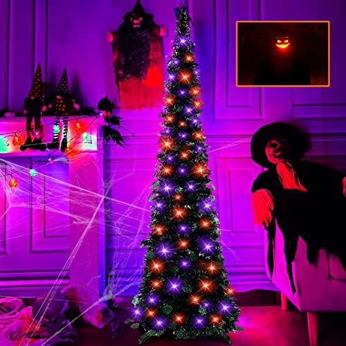 [Luzes de laranja e roxo] Tinsel Halloween Black Tree com timer DIY 50 LED LEDS BATERAGEM POPE