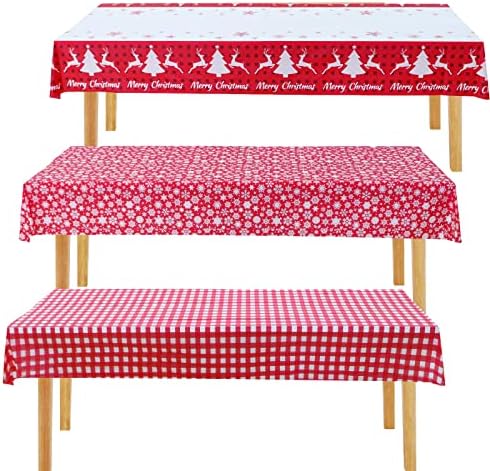 3pack de christmas toalha de mesa de neve elk alce vermelho xadrez de plástico de plástico tampa de mesa de mesa, manta de mesa