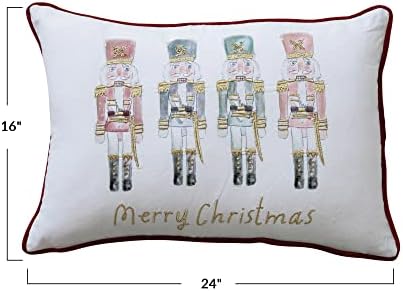 Cooperativa criativa 24 L x 16 H algodão travesseiro lombar com quebra-nozes, bordados e tubulação de veludo de Borgonha e Back Feliz Natal, Multi Color ©