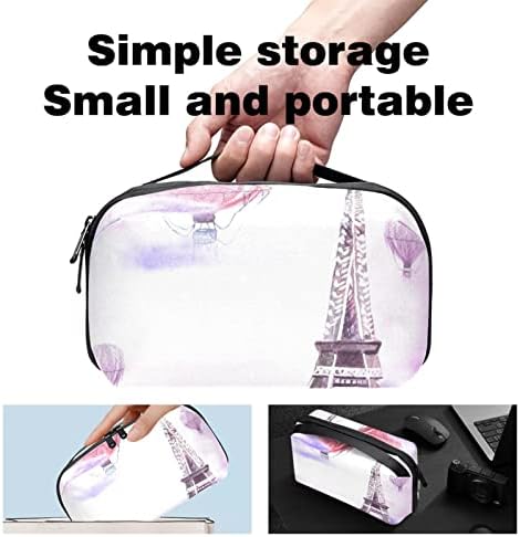 Carteira de bolsa de bolsa de viagem de caixa de transmissão de caixa de transportar carteira de bolso para organizador de cabo USB, balão de ar quente de aquarela Parcolor Paris Eiffel Tower
