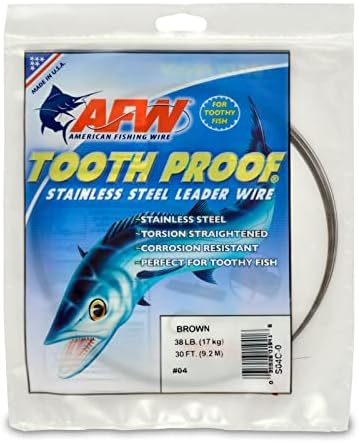 AFW à prova de dente aço inoxidável Fio Hard Leader Wire - Bright and Camo para tubarão, Barracuda, cavala rei, wahoo, proteção de mordida de berca para criaturas de dentes, iscas e iscas de equipamento e iscas
