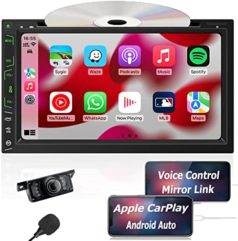 DVD Double Din Car Car DVD Player com Apple CarPlay Android Auto Car Radio com câmera de backup Bluetooth 6,95 polegadas