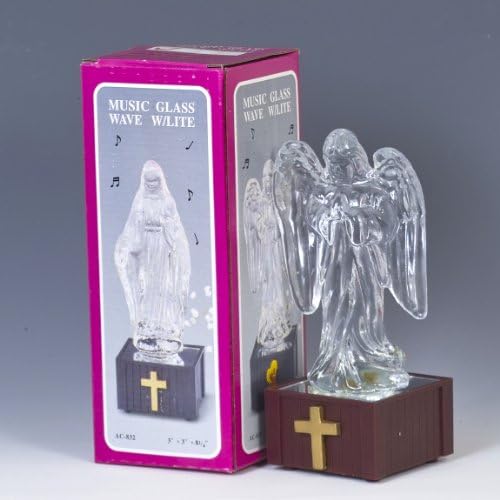 Estátua de anjo de vidro sólido transparente com caixa de música e luz