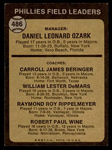 1973 Topps 486 líderes de brn phillies Danny Ozark/Carroll Beringer/Billy de Mars/Ray Rippelmeyer/Bobby Wine Philadelphia
