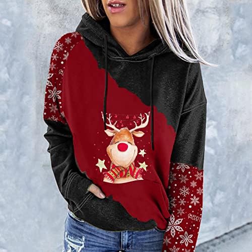 Xinshide Hoodies de Natal para mulheres Pullover de impressão de rena fofa Xmas colorblock de manga comprida com capuz