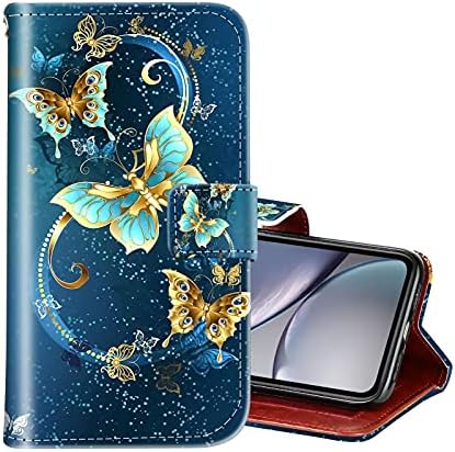 Ook Compatível com iPhone XR Caixa de carteira de couro Design de borboleta para mulheres para meninas Caso de couro de proteção com slots de kickstand e cartão para iPhone XR 6,1 polegadas Butterfly Bluefly