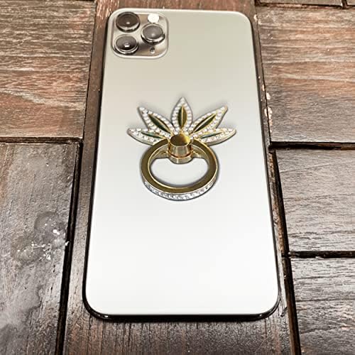Anel de telefone celular Grip Rotação de 360 ​​graus, Pedras de cristal brilhante design de folhas felizes, compatível com iPhone e Android Phone, Gold/Green, 6008a-30