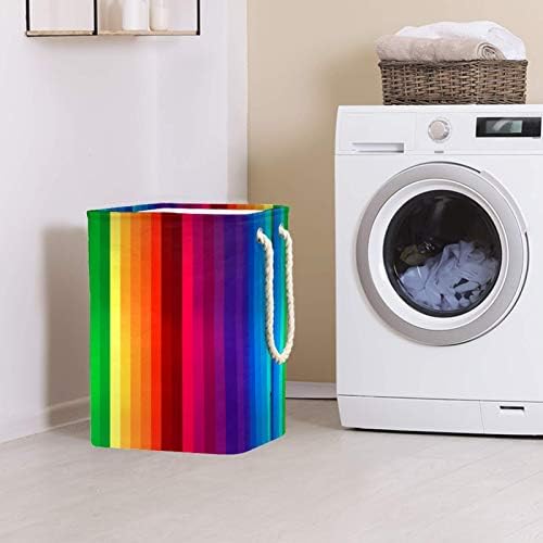 Lavanderia cesto colorido pintando listras de arco -íris cesto de armazenamento de lavanderia dobrável com alças suportes