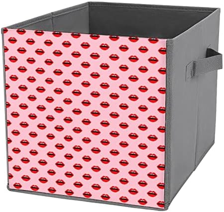 Lips Red Lipstick Storage Cubes com alças Bins de tecido dobrável Organizando cestas para o armário das prateleiras