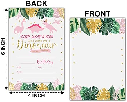 Buildinest Pink Dinosaur Birthday Party Invitations com envelopes, 4 x6 rosa dinossauros de dinossauros de aniversário