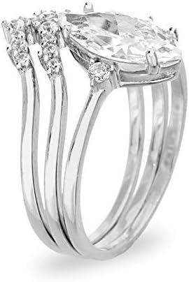 Twobirch 925 Silver Marquise Three Ring Bridal Conjunto com anel de noivado de três pedras e duas bandas de contorno de Chevron