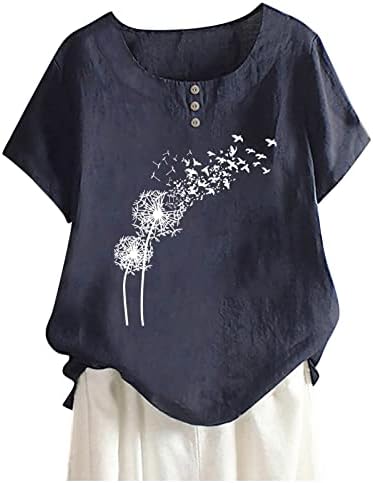 Crew garote de pescoço linho de linho de linho de algodão na camiseta gráfica para mulheres camisa de manga curta adolescente meninas lq