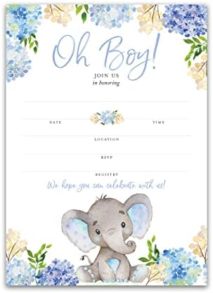 Convites de chá de bebê de elefante azul-pacote de 25-menino de bebê em branco preenche os convites do chá de bebê,