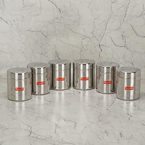 Sumeet aço inoxidável pequenas vasilhas / frascos / ubha dabba / armazenamento conjunto de 6pcs, 350 ml de capacidade cada, 7,5 cm de diâmetro, prata