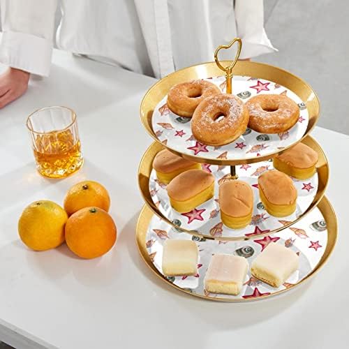Dragonbtu 3 cupcakes de camada com haste dourado plástico de sobremesa em camadas Tower bandeja aquarela aquarela marítima Padrão de