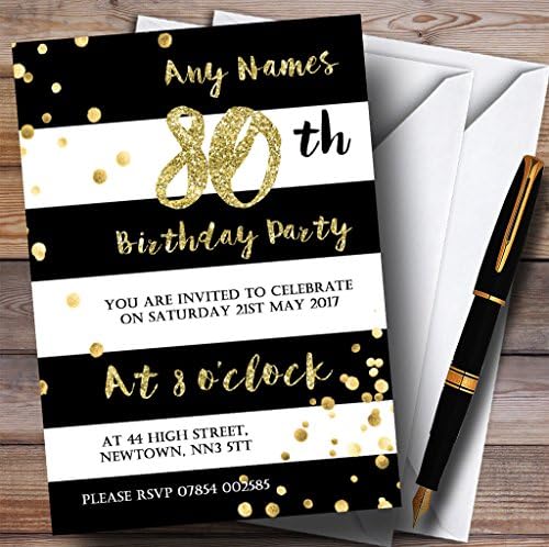 Confetti de ouro listrado em preto e branco 80º convites de festa de aniversário personalizados