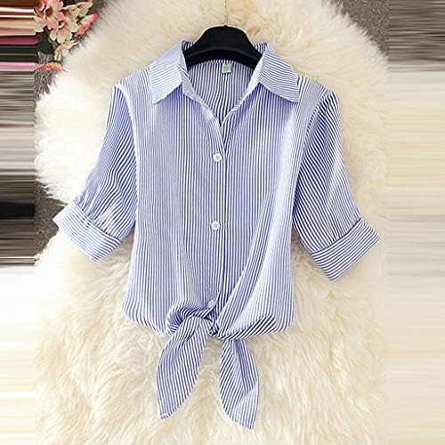 Uikmnh mulheres amarrarem a manga do bispo Baggy Baggy Sleeve Summer Summer Lenga curta Botões cortados Camisa de listras