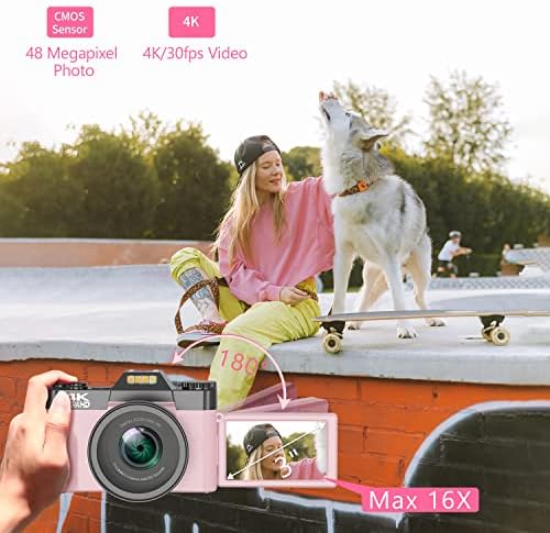 Câmera VJIANGER 4K VLOGGING para câmera digital do YouTube 48MP para fotografia e vídeo com tela de flip, manualfocus, zoom digital 16x, 52mm de largura e macrolens, cartão TF de 32 GB, 2 baterias