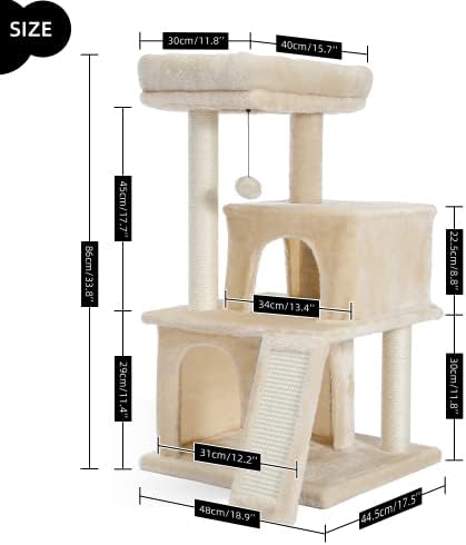 Fuzofuiz Cat Tree Luxury 34 polegadas Torre com condomínios duplos, poleiro espaçoso, postes de sisal de arranhões totalmente embrulhados e bolas pendentes substituíveis