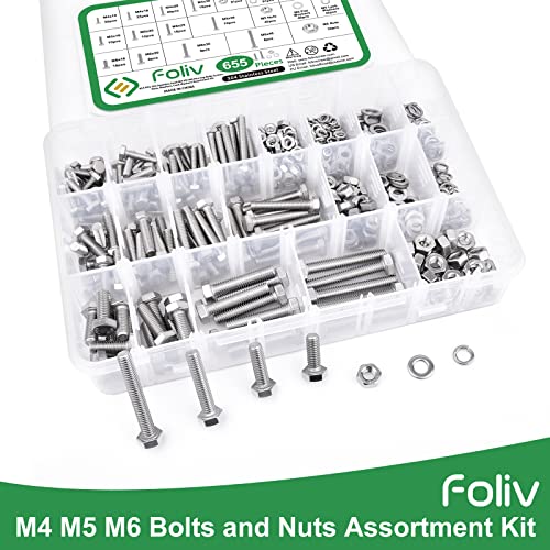 Kit de foliv e parafusos, 655pcs m4 m5 m6 parafusos pesados ​​porcas kit de sortimento, kit de porca de parafuso métrica 304 aço inoxidável, 12 tamanhos comuns incluídos