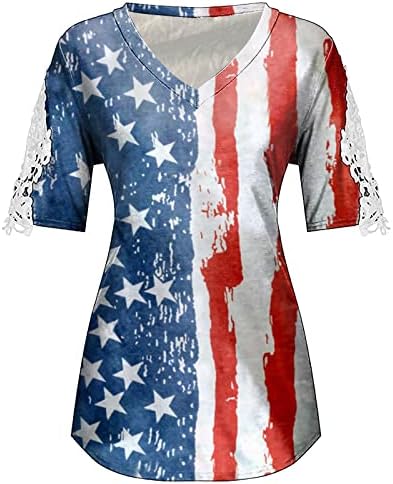 Dia da Independência das Mulheres V Camisetas Americanas Impressão da Bandeira Americana Manga Curta Causal Summer Summer Lace Tops