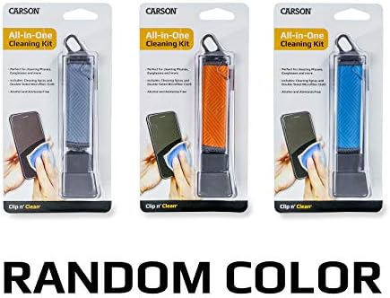 Carson Clip N'Clean All -in -One Kit com spray de limpeza, pano de microfibra e caixa de proteção - cor aleatória - laranja,