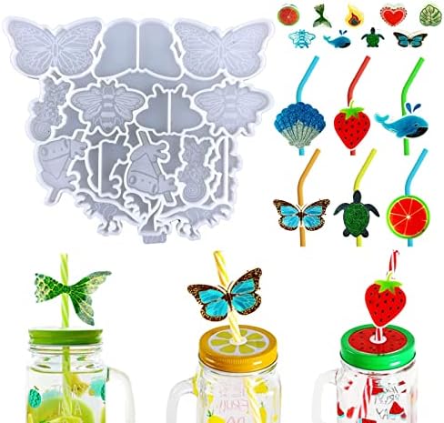 Fogun Animal Stravo Topper Silicone Mold Resina Epóxi Casting Mold Diy Love Fishtail para Butterfly Animal Drink Straw Mold