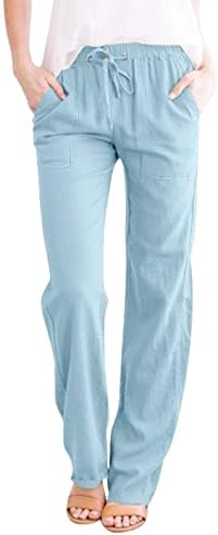 Ethkia Plus Tamanho Pontas de linho de linho reto de perna linear as calças de cordão linear com bolsos largura de pernas largas mulheres mulheres