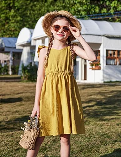 Arshiner Girls Linen Ruffle Ruffle Backless Dress Flutter Sleeve A-Line Shirred Sundress por 4-12 anos