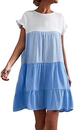 Mini vestido feminino colorblock solto vestidos de verão sem mangas com manga de manga de manga de manga redonda vestido plissado
