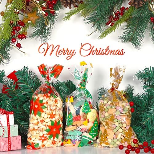Bolsas de celofane de Natal de Natal 168pcs sacolas de doces com 180pcs Twist lanche 8 estilos variados sacos de doces Papai