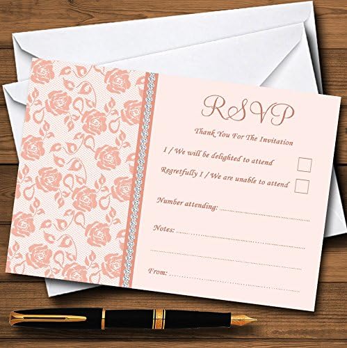 Cartões de RSVP personalizados com diamante floral de coral pálido