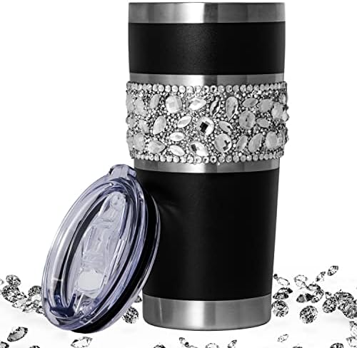 Luxlbllblz Diamond Rhinestone Bling Tumbler de 20 oz de aço inoxidável Copo isolado de aço com tampa Bling Water Bottle Black