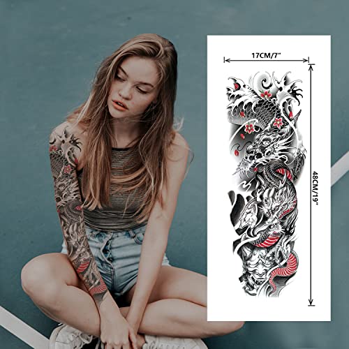 Dragon e Hannya Tattoo Tattoo Adesivos, Tatuagens falsas de braço completo extra, manga de tatuagem à prova d'água, maquiagem de corpo/perna/braço tatuagens duradouras para adultos/homem/mulher, moda 3D Tattoo realista