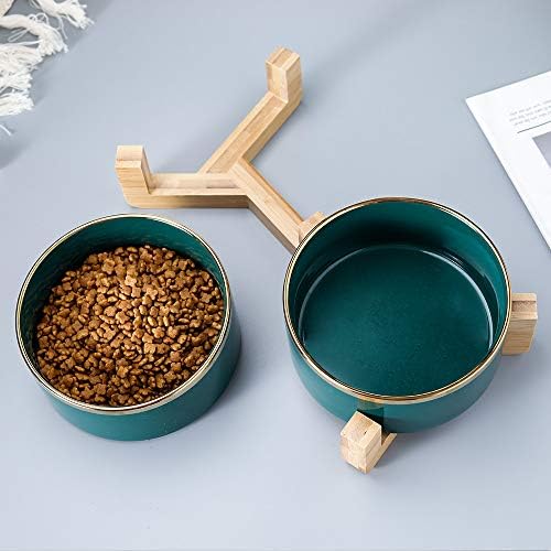 Prato de tigela de cão de gato de cerâmica de ouro verde com madeira sem derramar alimentos para animais de estimação gatos