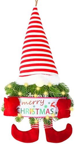 Grinaldora de Natal do resoma para a porta da frente, 20 polegadas de Natal iluminada Gnome Grinalsa pendurada Ornamento Gnome Artificial Decorações de Natal Com agulha de pinheiro e luzes LED para janela Decoração de parede de Natal