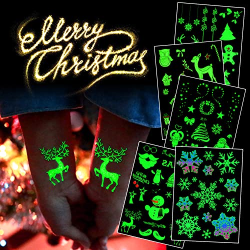 Tatuagens temporárias de Natal para crianças, brilho em tatuagens escuras, adesivos de tatuagem luminosa à prova d'água,