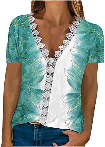 Mulheres de manga curta superior V Lace de algodão de algodão Bruque gráfico de algodão solto Fit Fit Relaxed Blouse