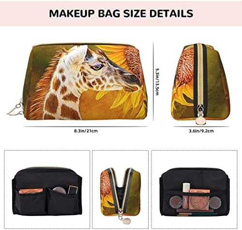 FFEXS Girafa e bolsa cosmética de girassol, bolsa cosmética de couro, bolsa cosmética de viagem de grande capacidade, bolsa
